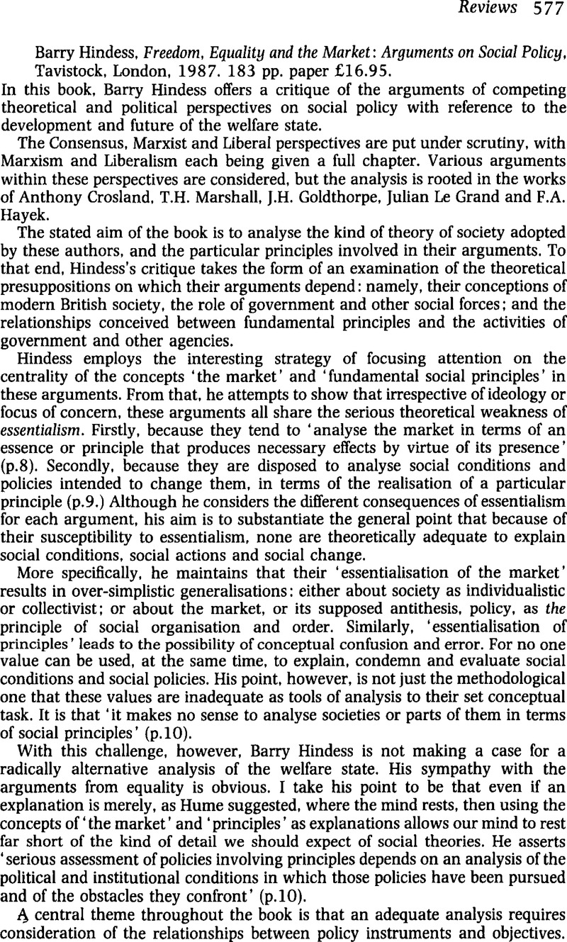 Barry Hindess, Freedom, Equality and the Market: Arguments on Social ...