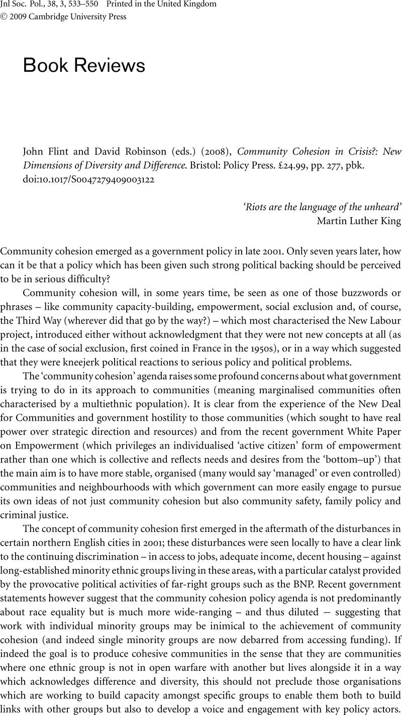 Community Cohesion in Crisis?: New Dimensions of Diversity and Difference