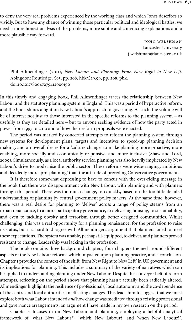 New Labour and Planning: From New Right to New Left