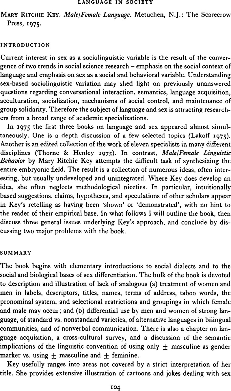 Mary Ritchie Key. Male/Female Language. Metuchen, N.J.: The Scarecrow ...
