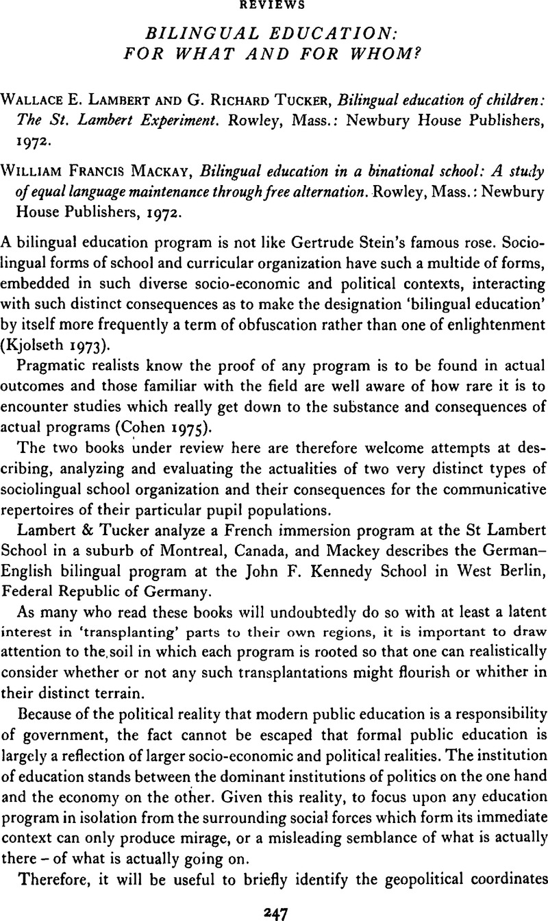 Bilingual Education: for what and for Whom? - Wallace E. Lambert and G ...