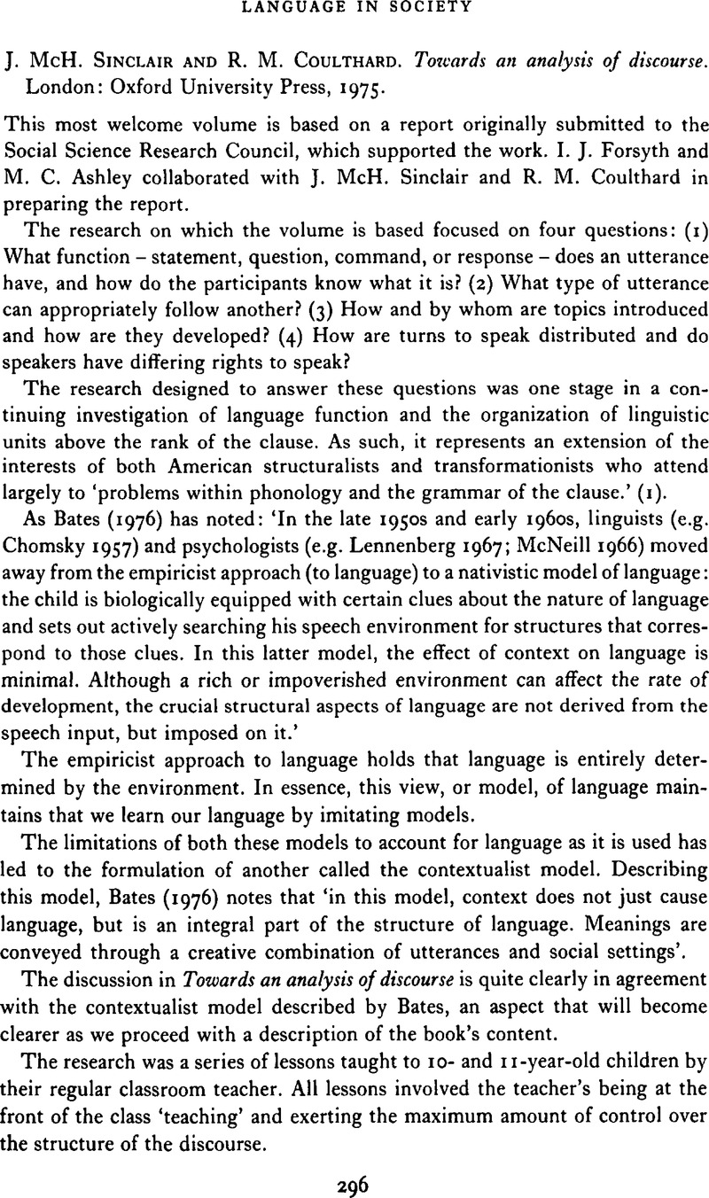 J mch sinclair and r m coulthard towards an analysis of discourse