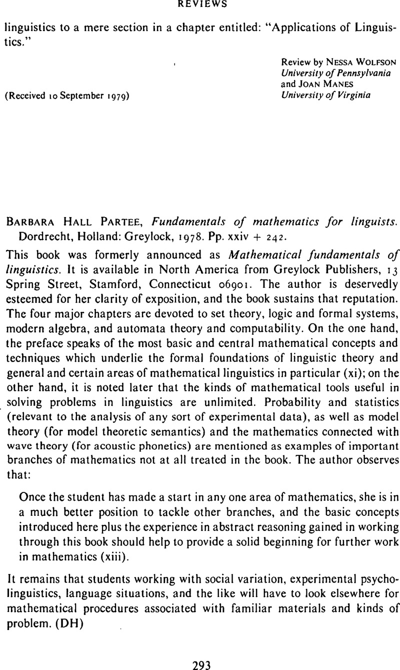 Barbara Hall Partee, Fundamentals Of Mathematics For Linguists ...