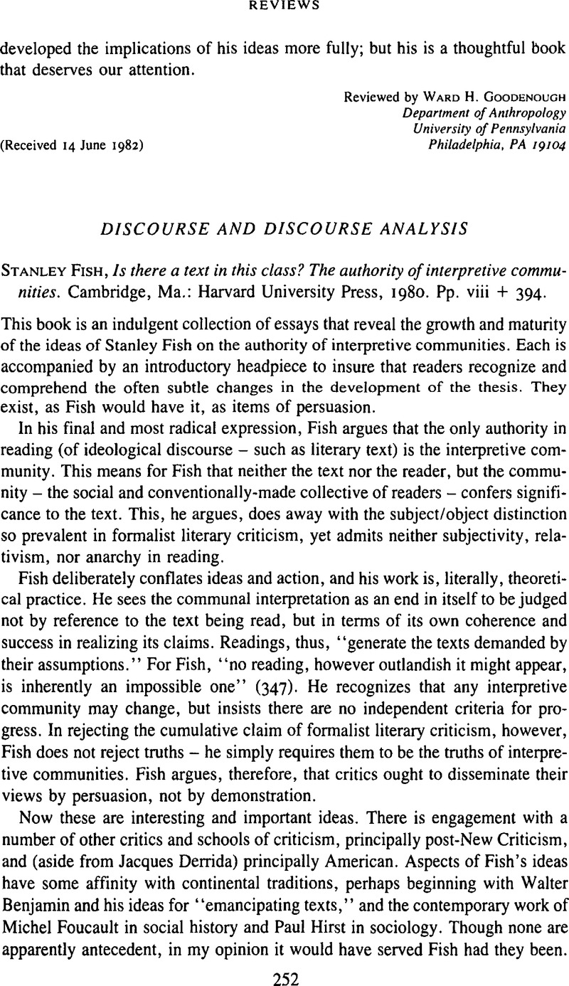 Discourse and discourse analysis stanley fish is there a text in
