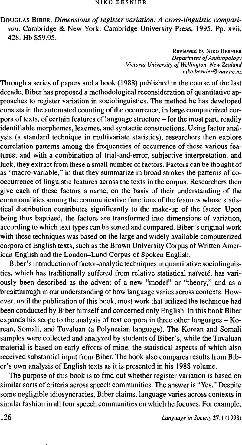 Douglas Biber, Dimensions of register variation: A cross-linguistic ...