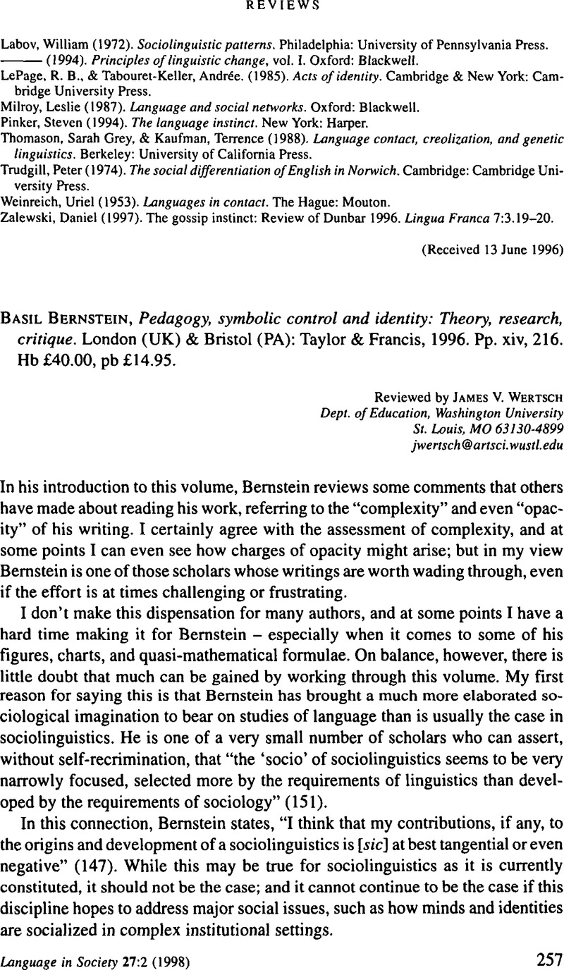 Basil Bernstein Pedagogy symbolic control and identity Theory