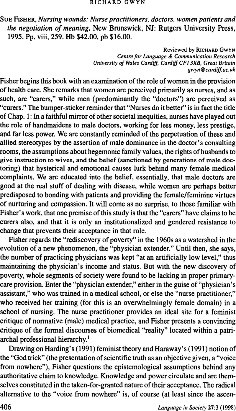Nursing Wounds: Nurse Practitioners, Doctors, Women Patients and the Negotiation of Meaning