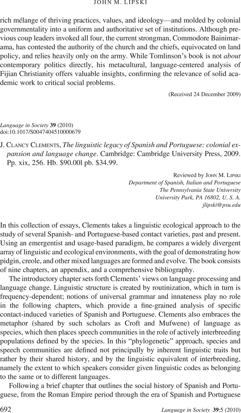 J. Clancy Clements. The linguistic legacy of Spanish and Portuguese ...