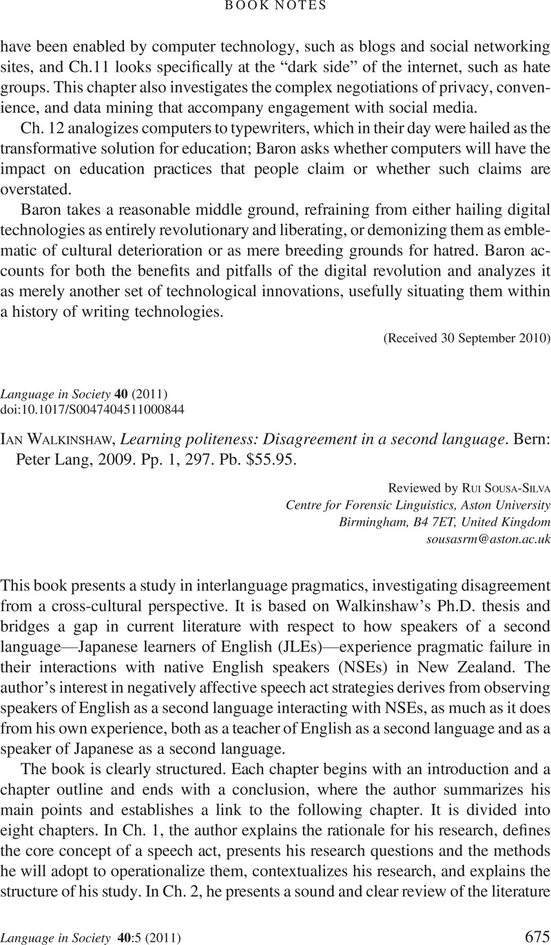 Ian Walkinshaw, Learning politeness: Disagreement in a second language ...