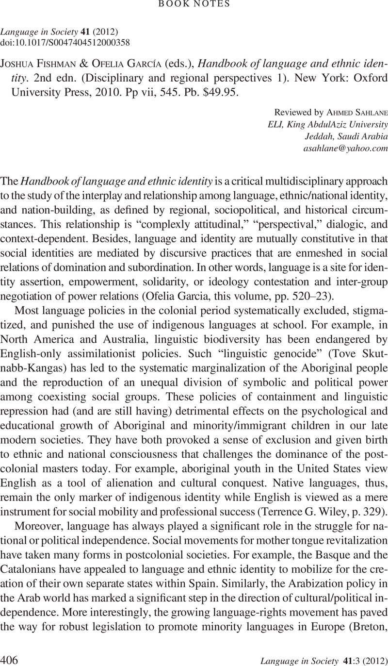 Joshua Fishman & Ofelia García (eds.), Handbook of language and ethnic ...