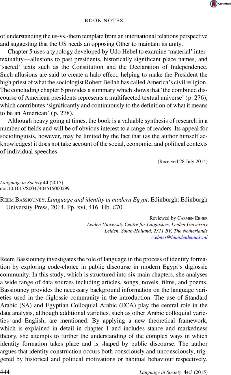 Reem Bassiouney, Language and identity in modern Egypt. Edinburgh ...