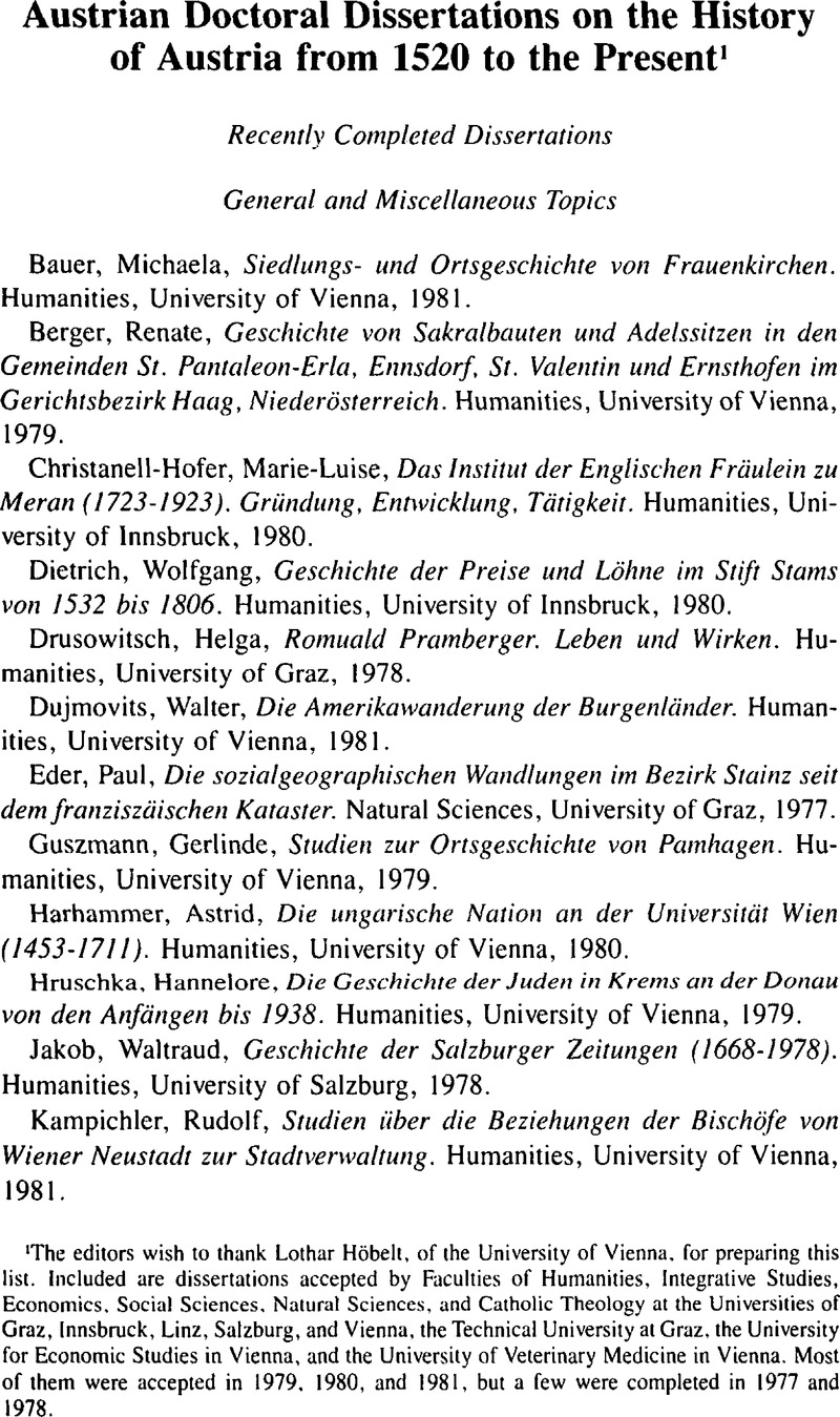 Dissertation History Austrian Doctoral Dissertations on the History of Austria from 1520 to ...