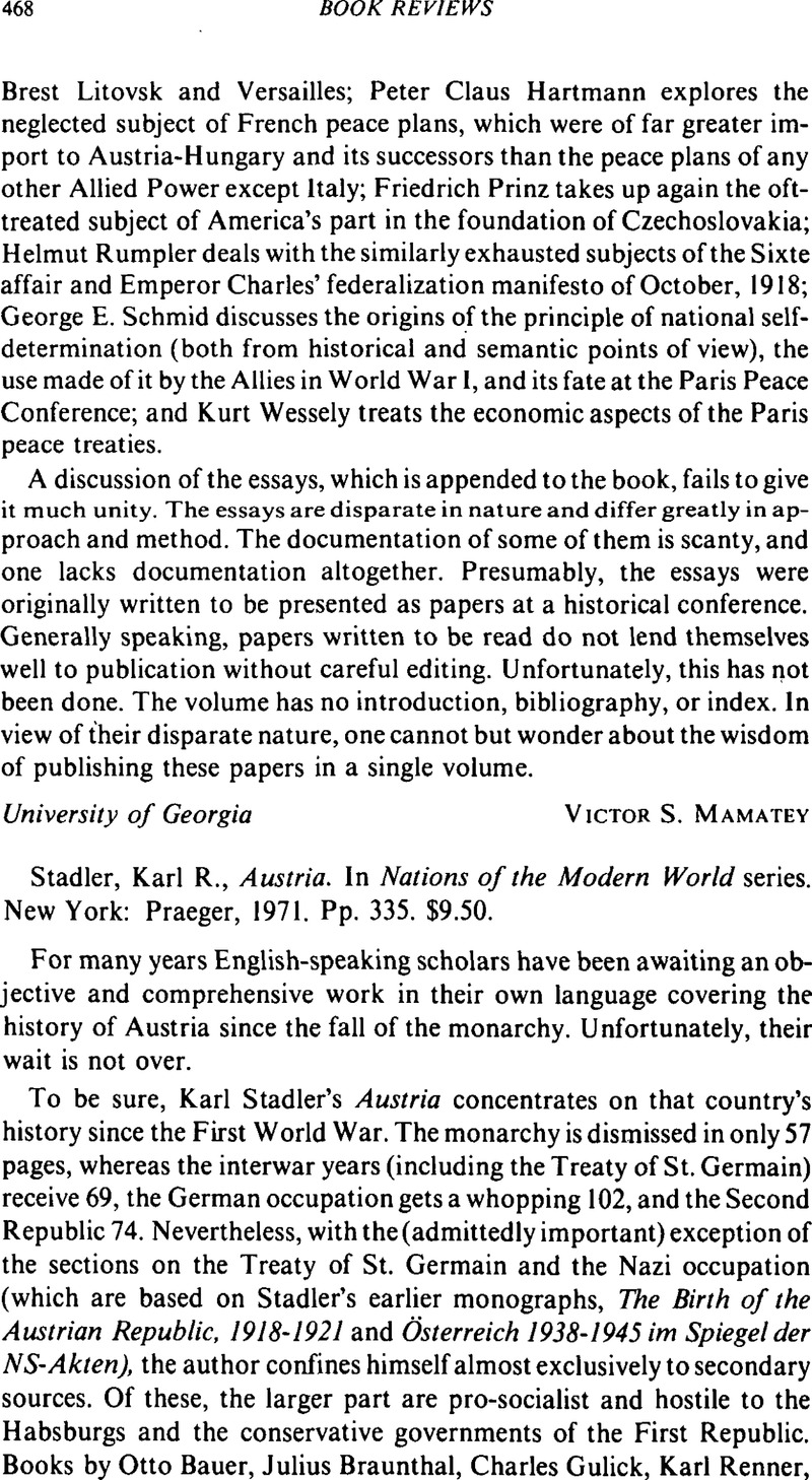 Karl R. Stadler, Austria. In Nations of the Modern World series. New ...