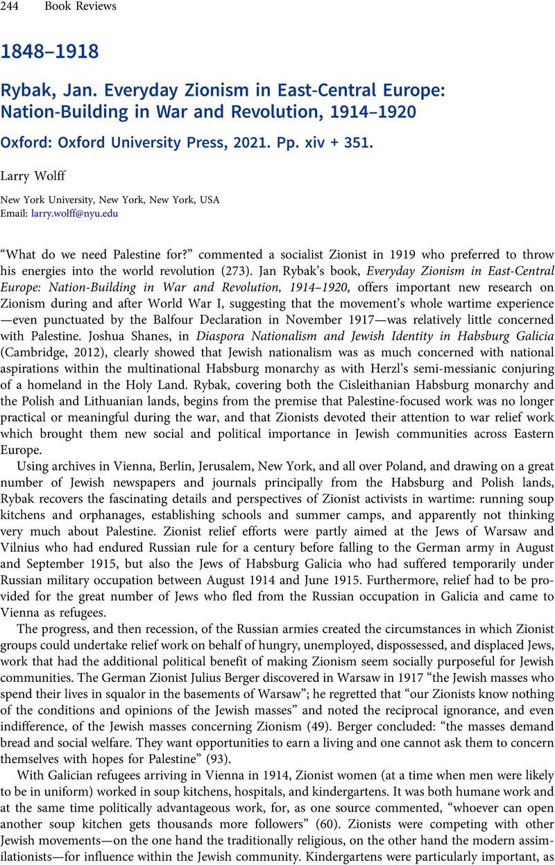 Jan Rybak. Everyday Zionism in EastCentral Europe NationBuilding in