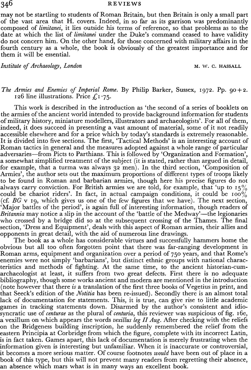 The Armies and Enemies of Imperial Rome. By Philip Barker, Sussex, 1972 ...