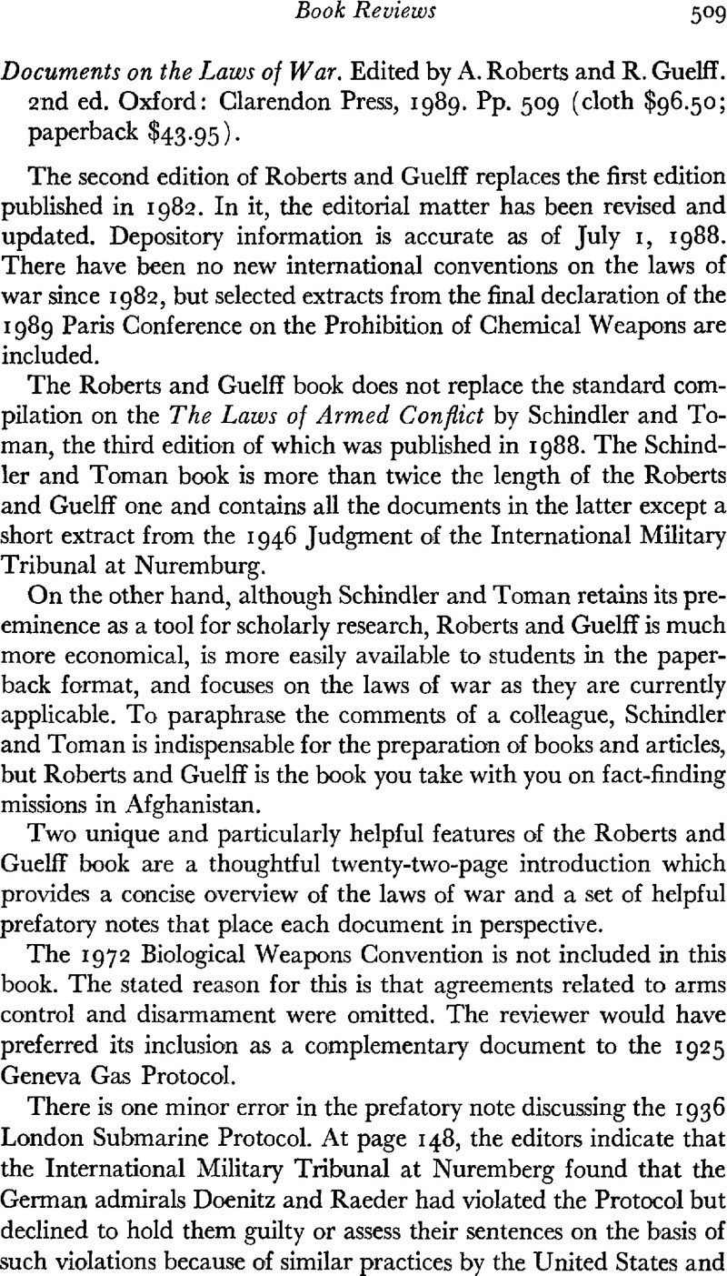 Documents on the Laws of War. Edited by A. Roberts and R. Guelff