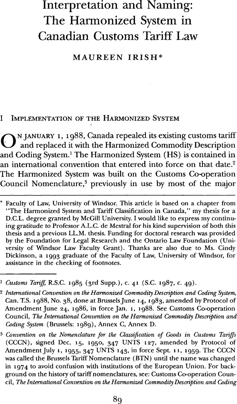 Interpretation and Naming The Harmonized System in Canadian Customs