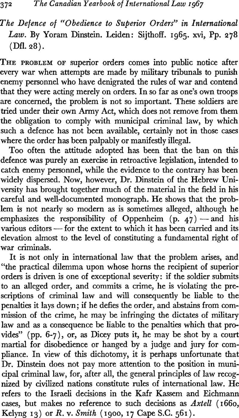 The Defence of Obedience to Superior Orders in International Law