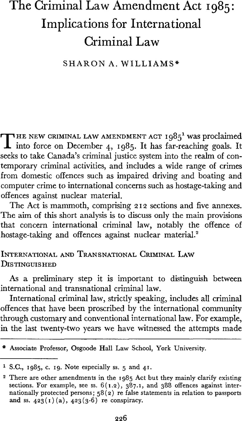 The Criminal Law Amendment Act 1985 Implications for International