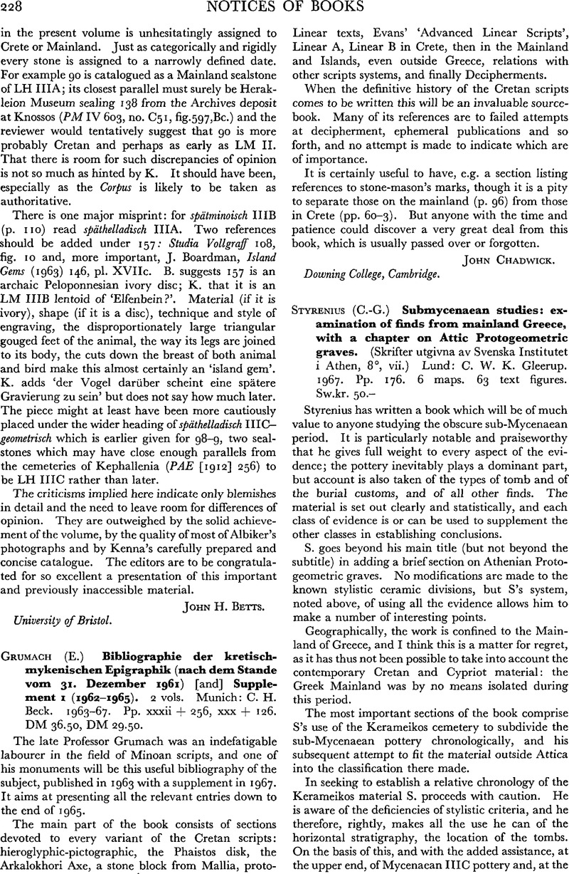 (C.-G.) Styrenius Submycenaean Studies: Examination Of Finds From ...