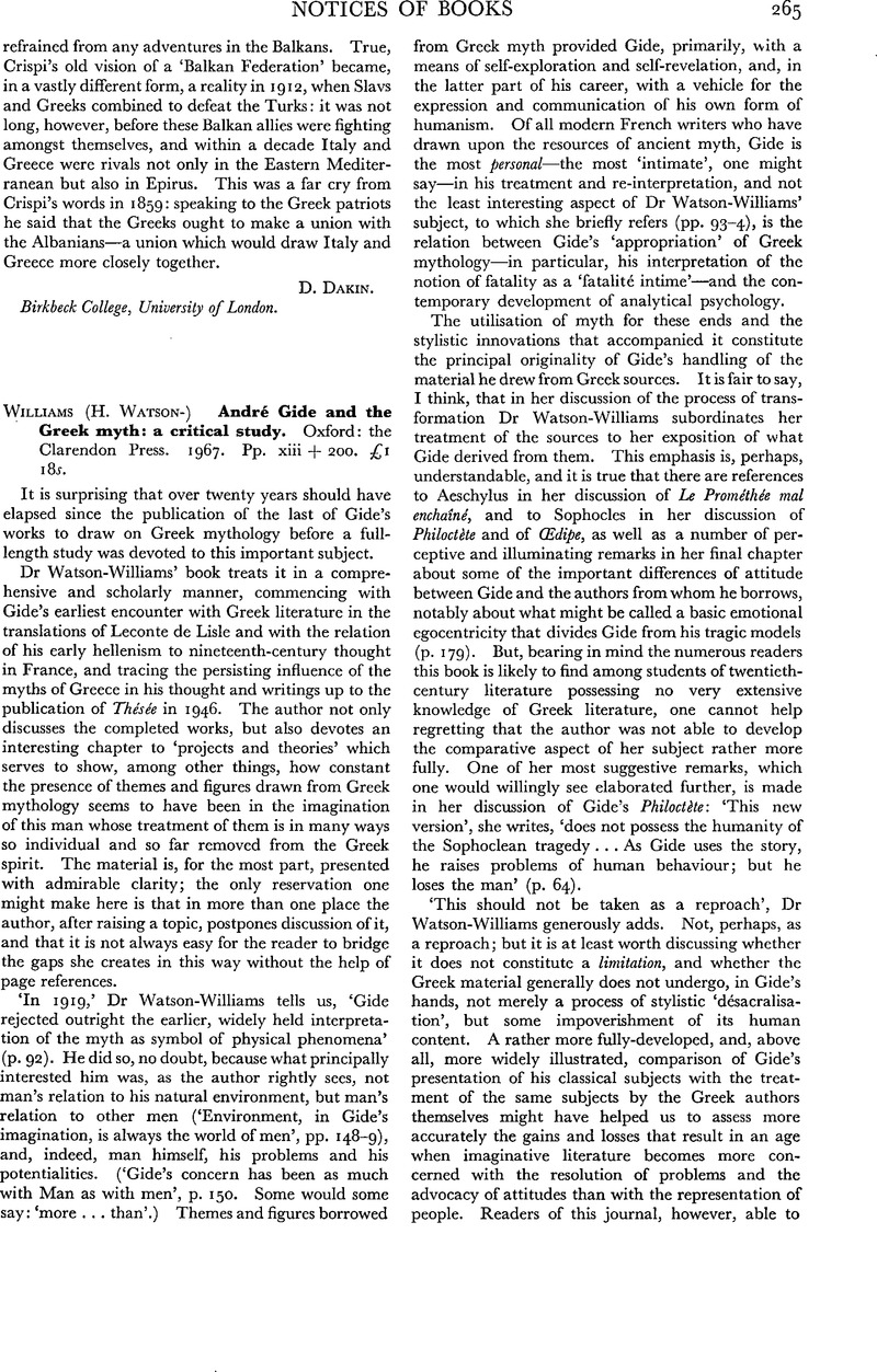 (H. Watson-) Williams André Gide and the Greek myth: a critical study ...