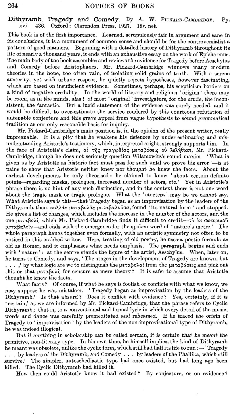 Dithyramb, Tragedy and Comedy. By A. W. Pickard-Cambridge. Pp. xvi ...