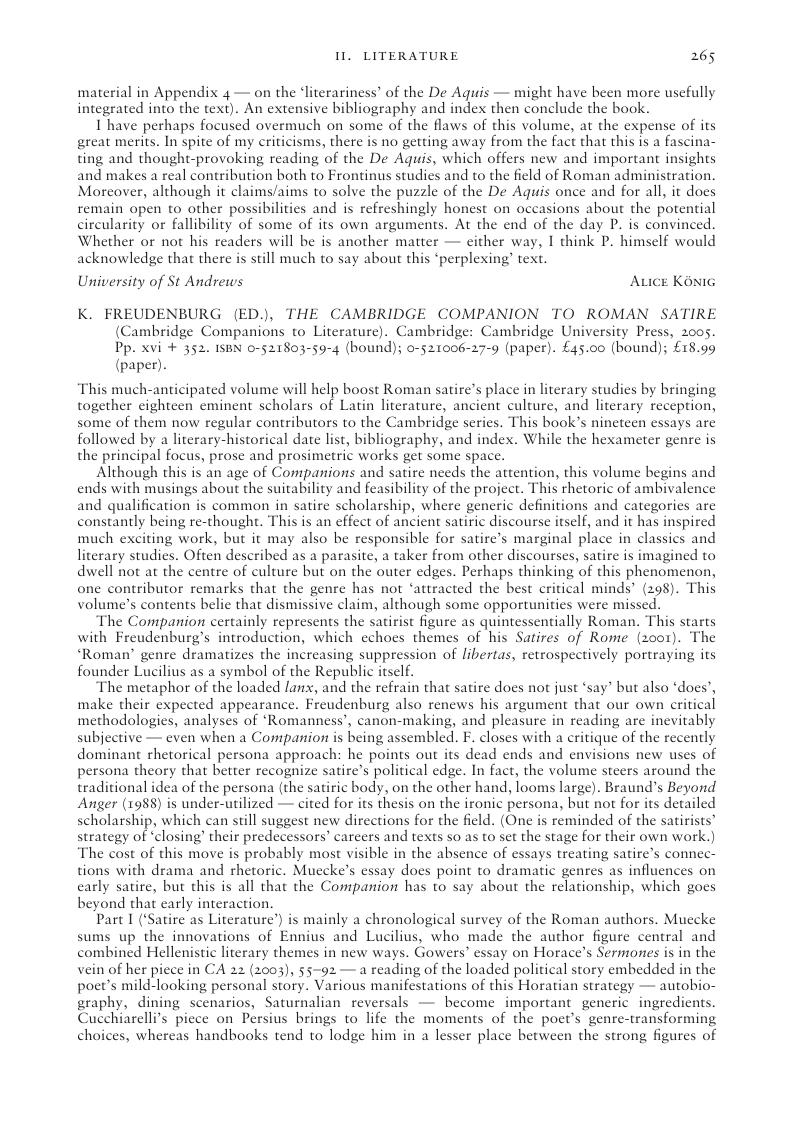 K. Freudenburg (Ed.), The Cambridge Companion to Roman Satire ...