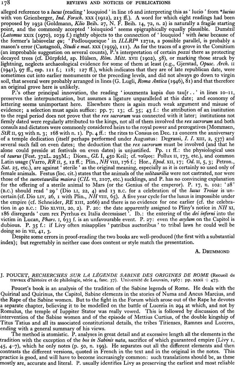 J. Poucet, Recherches Sur La Légende Sabine des Origines de Rome ...