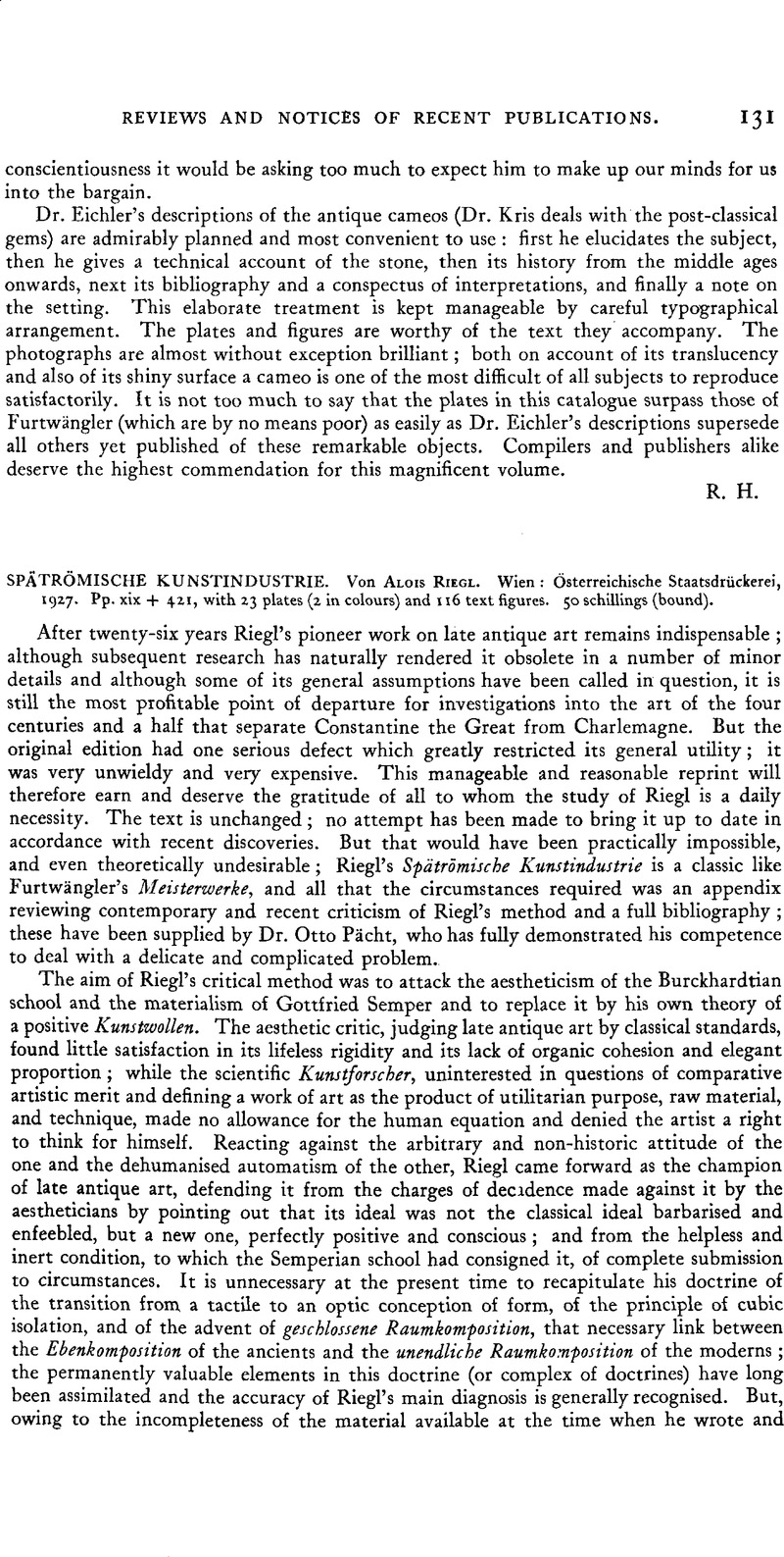 Spätrömische Kunstindustrie. Von Alois Riegl. Wien: Österreichische 