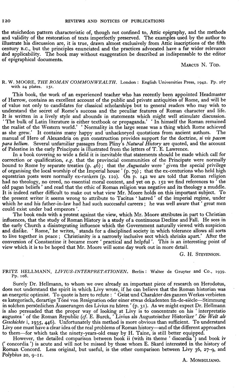 R. W. Moore, The Roman Commonwealth. London : English Universities ...