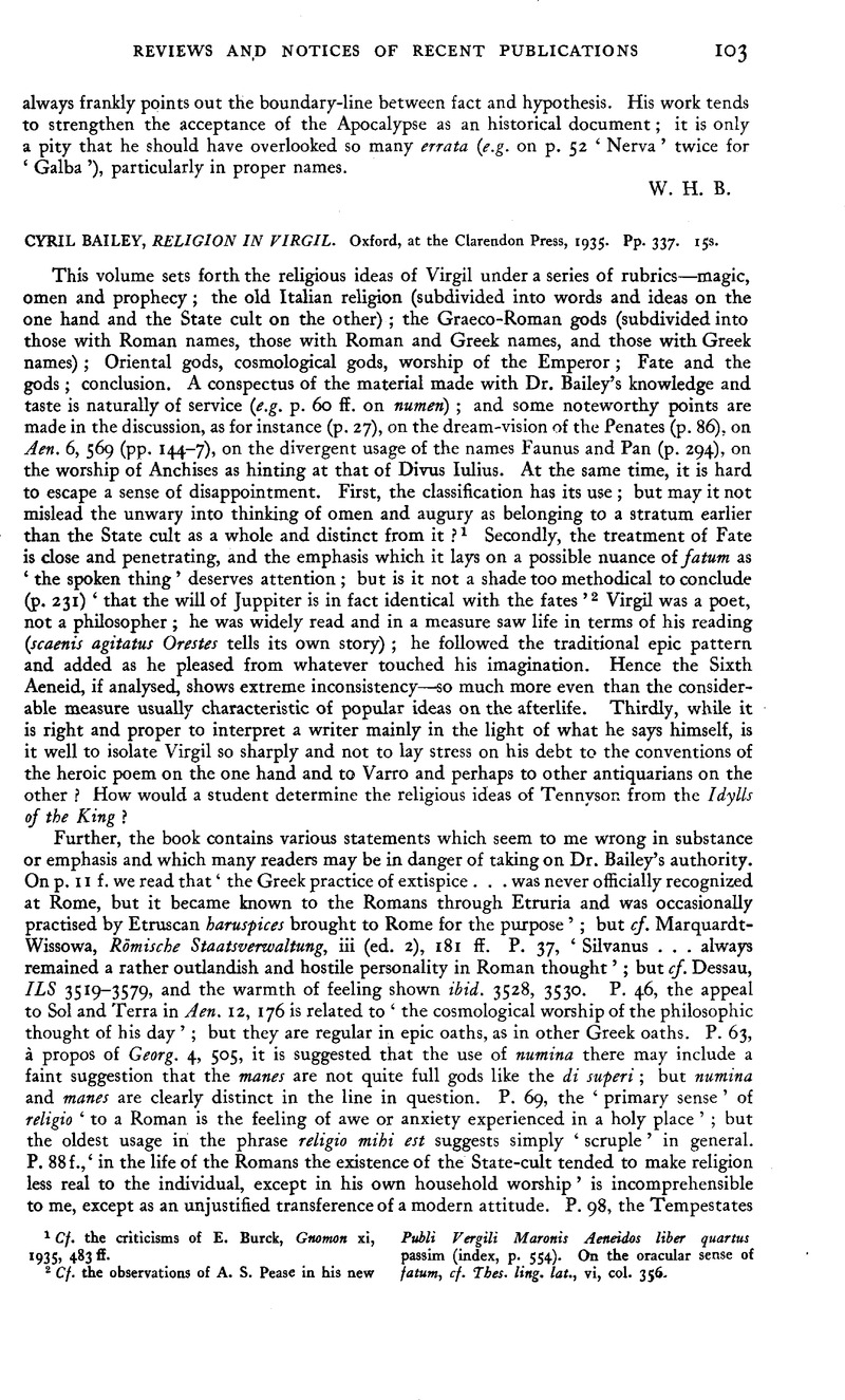 Cyril Bailey, Religion in Virgil. Oxford, at the Clarendon Press, 1935 ...