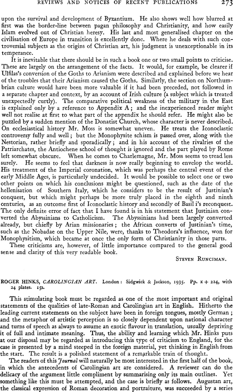 Roger Hinks, Carolingian Art. London: Sidgwick & Jackson, 1935. Pp. x ...
