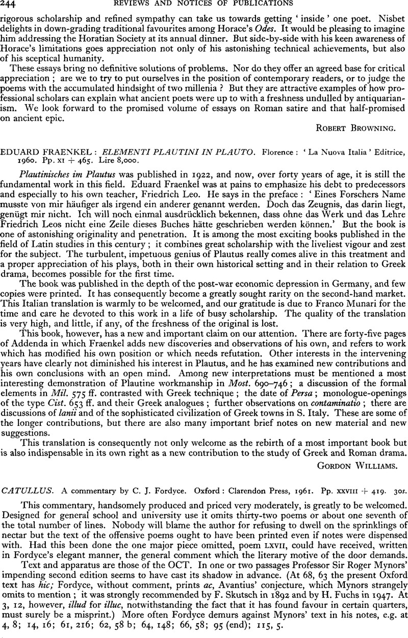 Catullus. A commentary by C. J. Fordyce. Oxford: Clarendon Press, 1961 ...