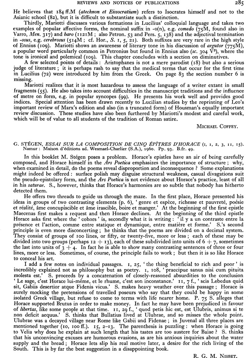 G. Stégen, Essai Sur La Composition De Cinq Épîtres D'horace (1, 1, 2 