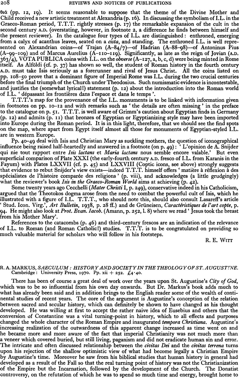 R. A. Markus, Saeculum History and Society in the Theology of St. Augustine. Cambridge
