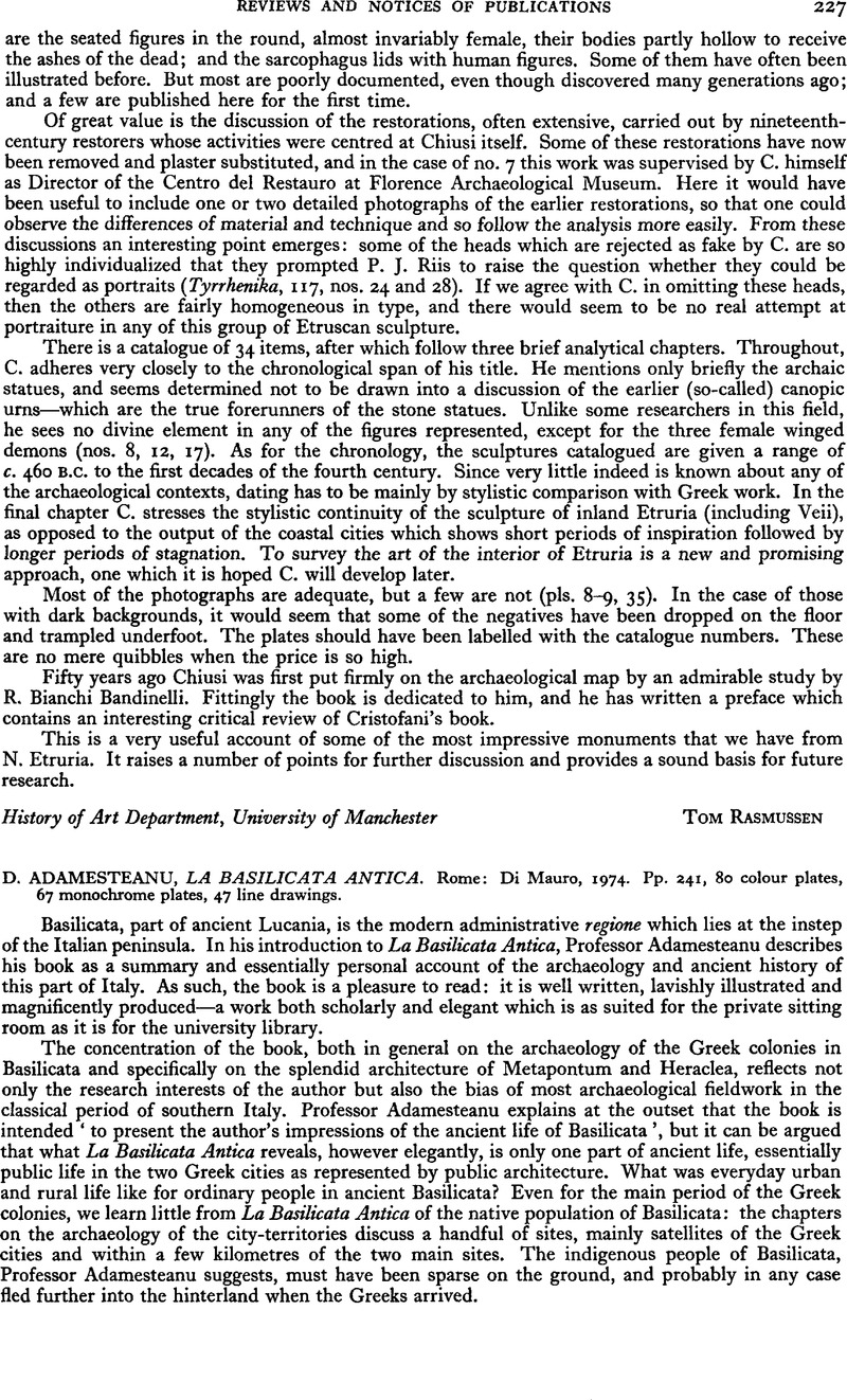 D. Adamesteanu, La Basilicata Antica. Rome: Di Mauro, 1974. Pp. 241, 80 ...