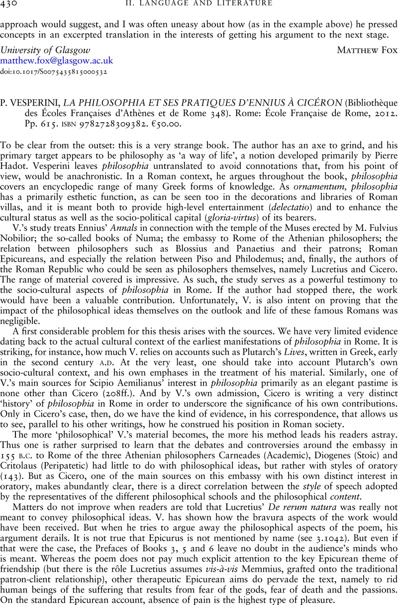 P. VESPERINI, LA PHILOSOPHIA ET SES PRATIQUES D�ENNIUS À
