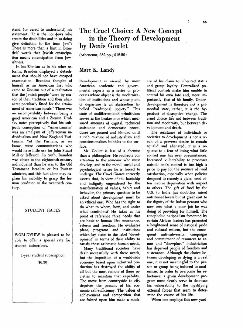 The Cruel Choice A New Concept in the Theory of Development by Denis