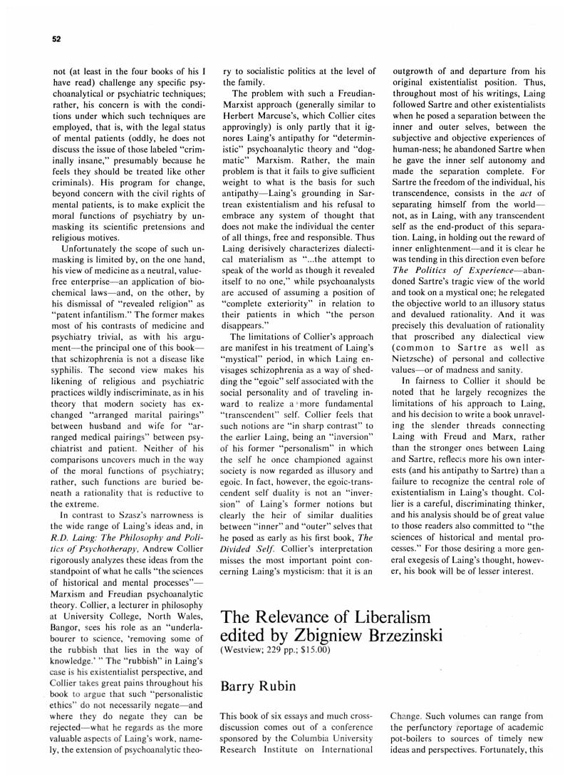 The Relevance Of Liberalism Edited By Zbigniew Brzezinski, (westview 