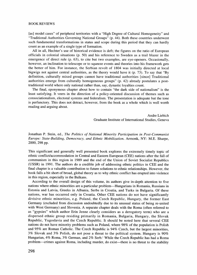 Jonathan P. Stein, ed., The Politics of National Minority Participation ...