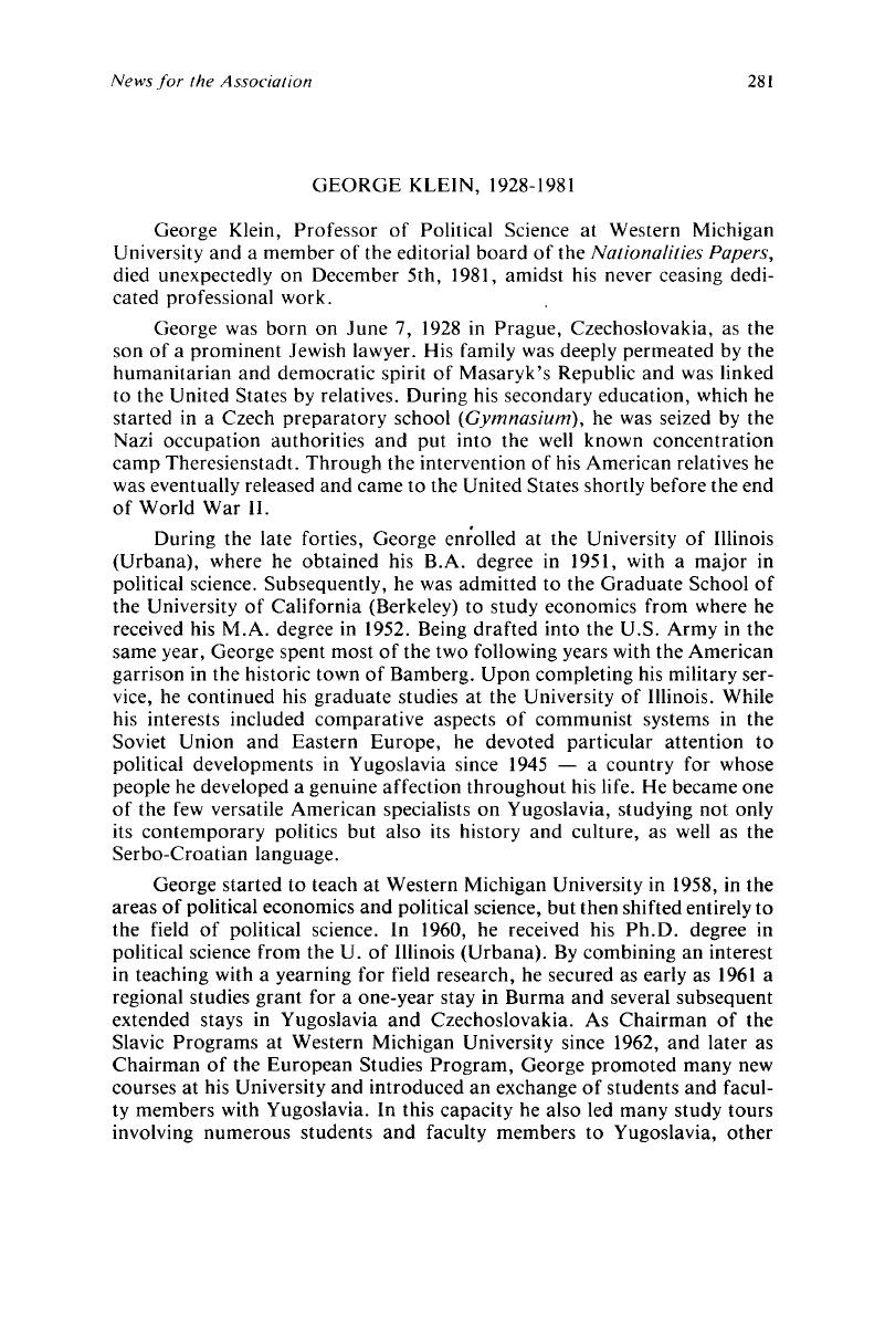 George Klein, 1928–1981 | Nationalities Papers | Cambridge Core