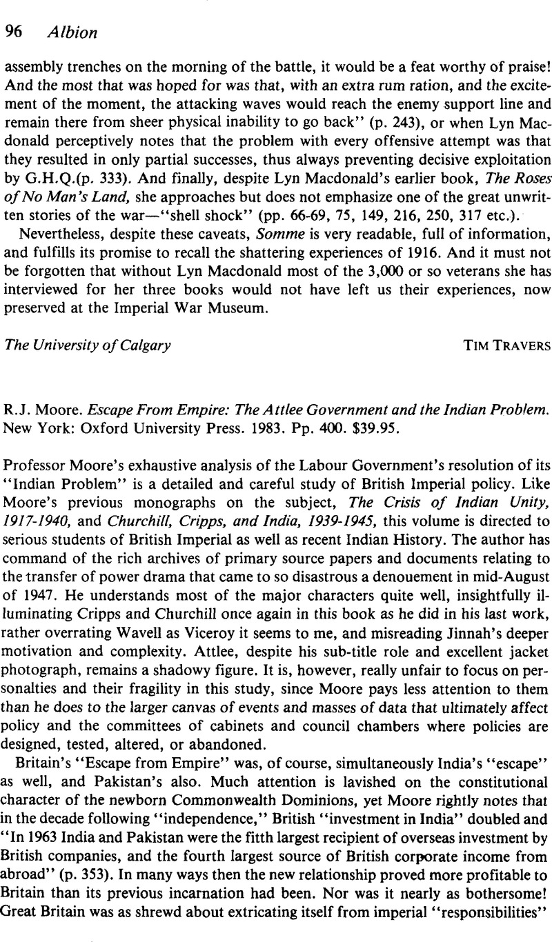 R.J. Moore. Escape From Empire: The Attlee Government and the Indian ...