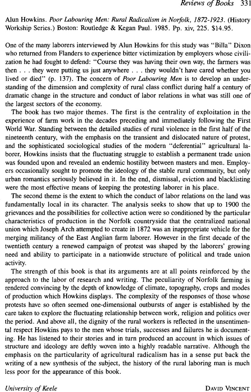 Alun Howkins. Poor Labouring Men: Rural Radicalism in Norfolk, 1872 ...