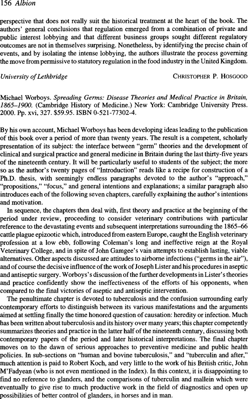 Michael Worboys. Spreading Germs: Disease Theories and Medical Practice ...