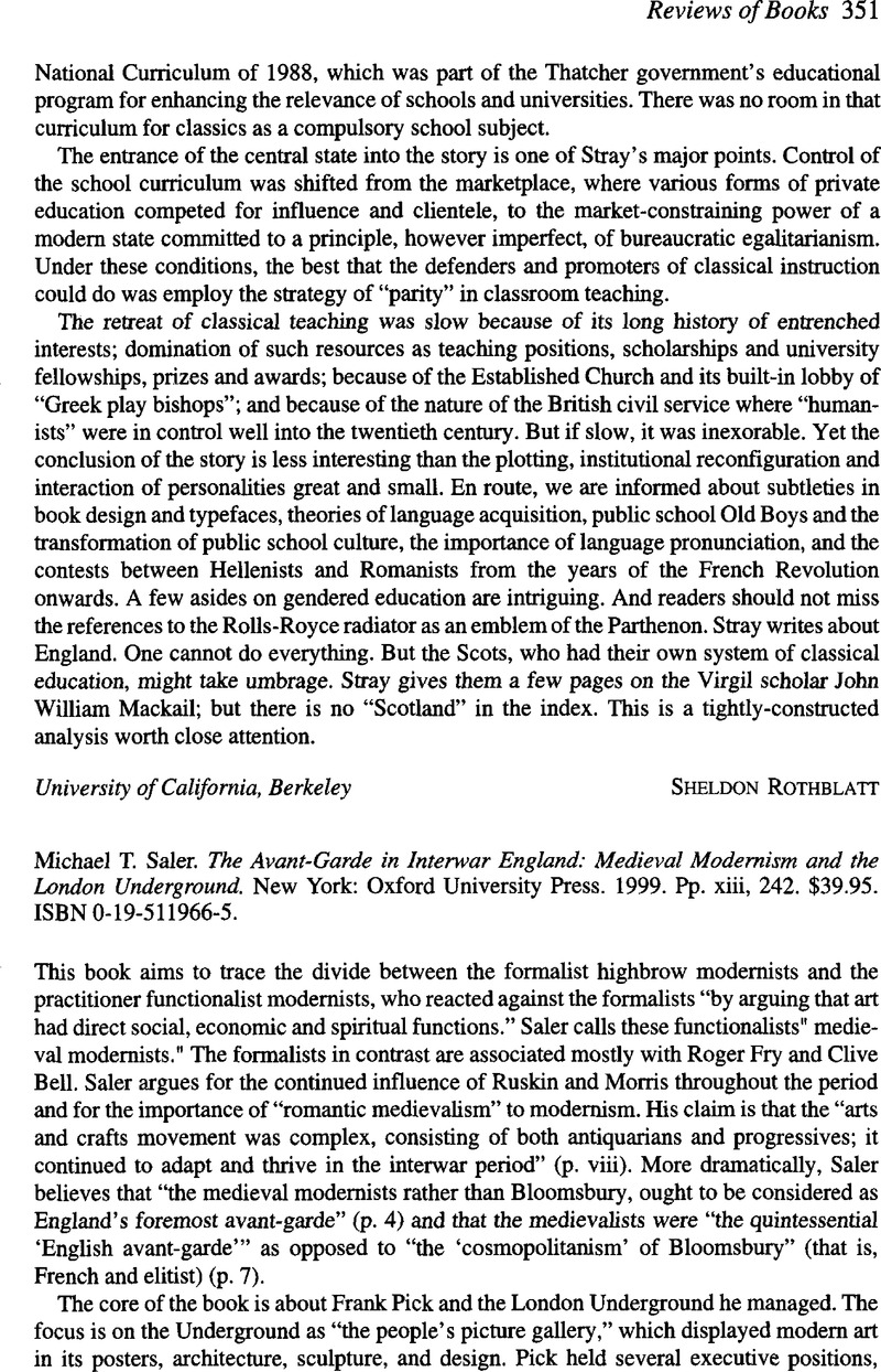 Michael T. Saler. The Avant-Garde in Interwar England: Medieval ...