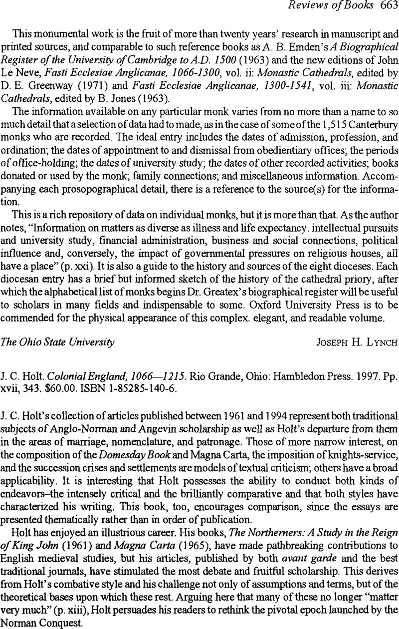 J. C. Holt. Colonial England, 1066–1215. Rio Grande, Ohio: Hambledon ...