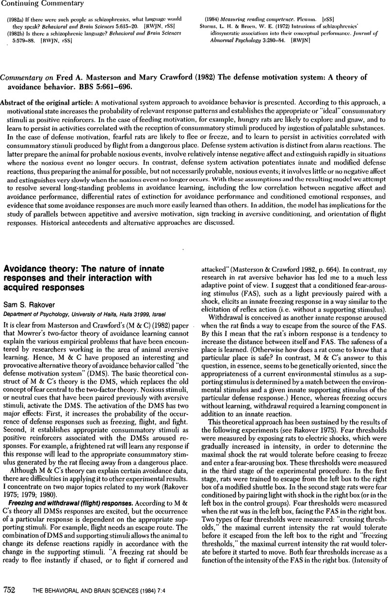 Avoidance theory: The nature of innate responses and their interaction ...