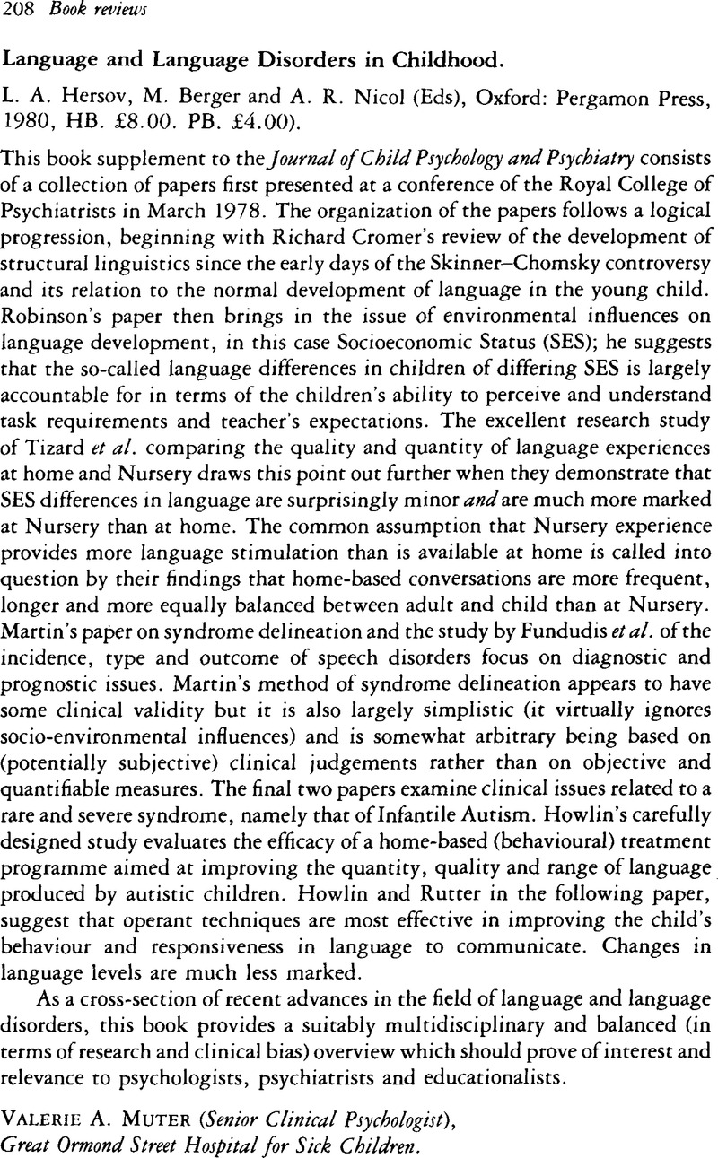 Language and Language Disorders in Childhood. L. A. Hersov, M. Berger ...