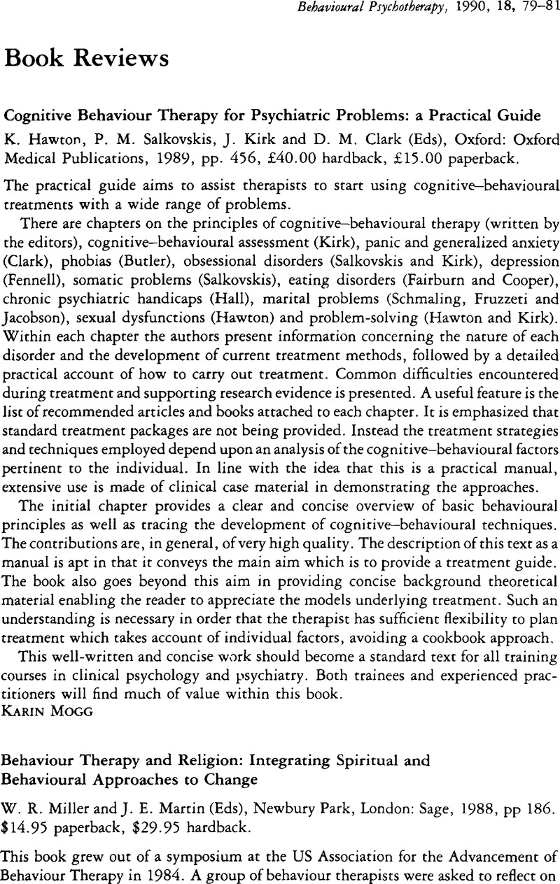 Cognitive Behaviour Therapy For Psychiatric Problems A Practical