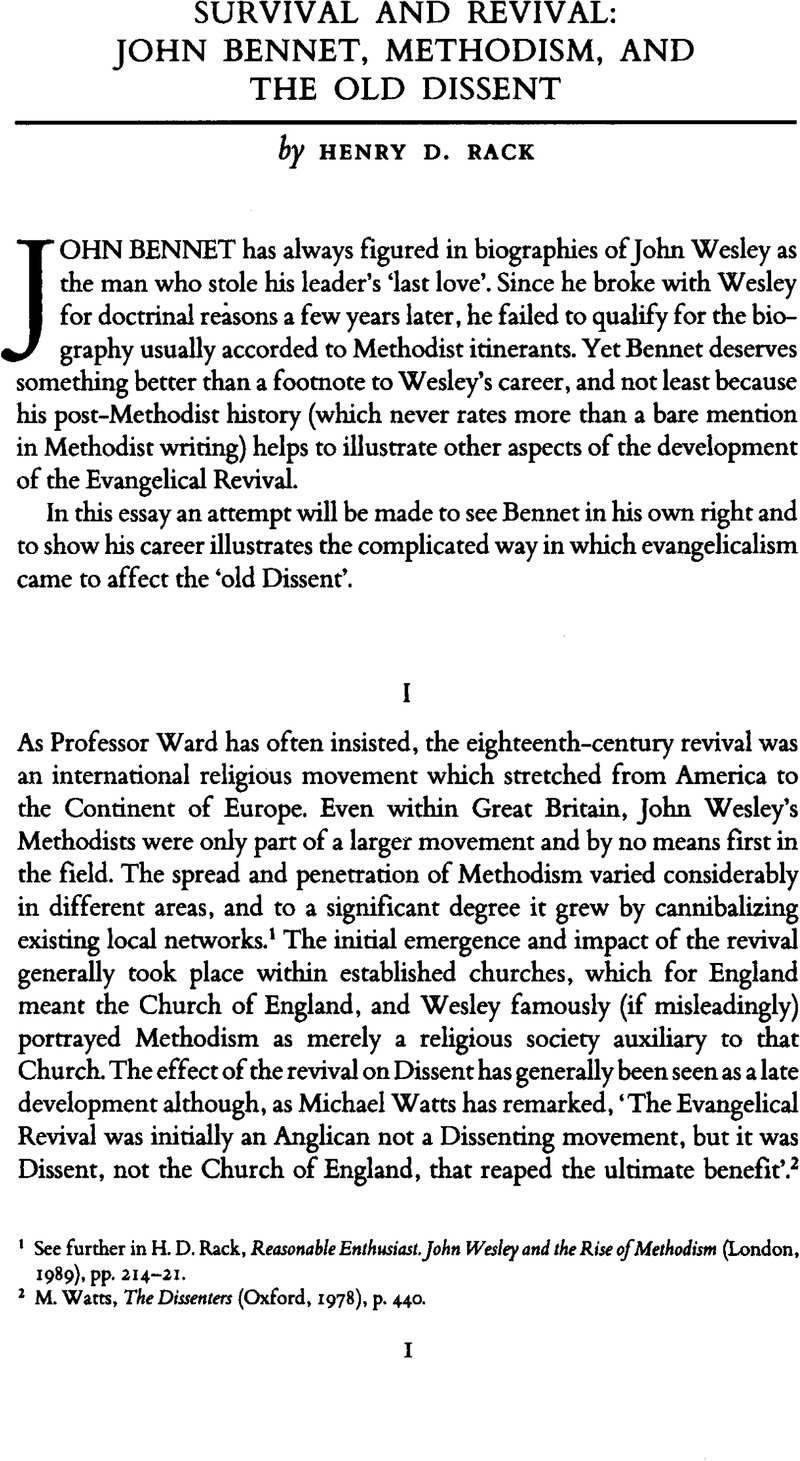 Henry D Rack Survival and Revival: John Bennet, Methodism, and the Old Dissent ...
